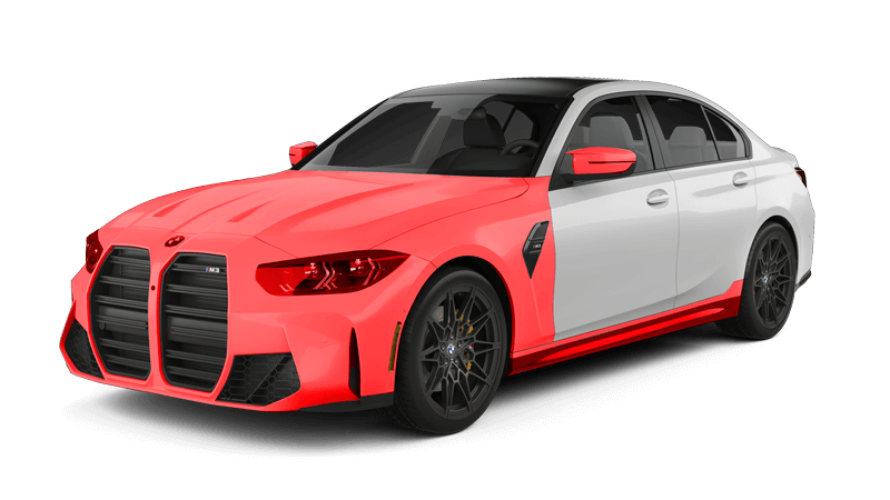 A white bmw m3 with a red stripe on the side.