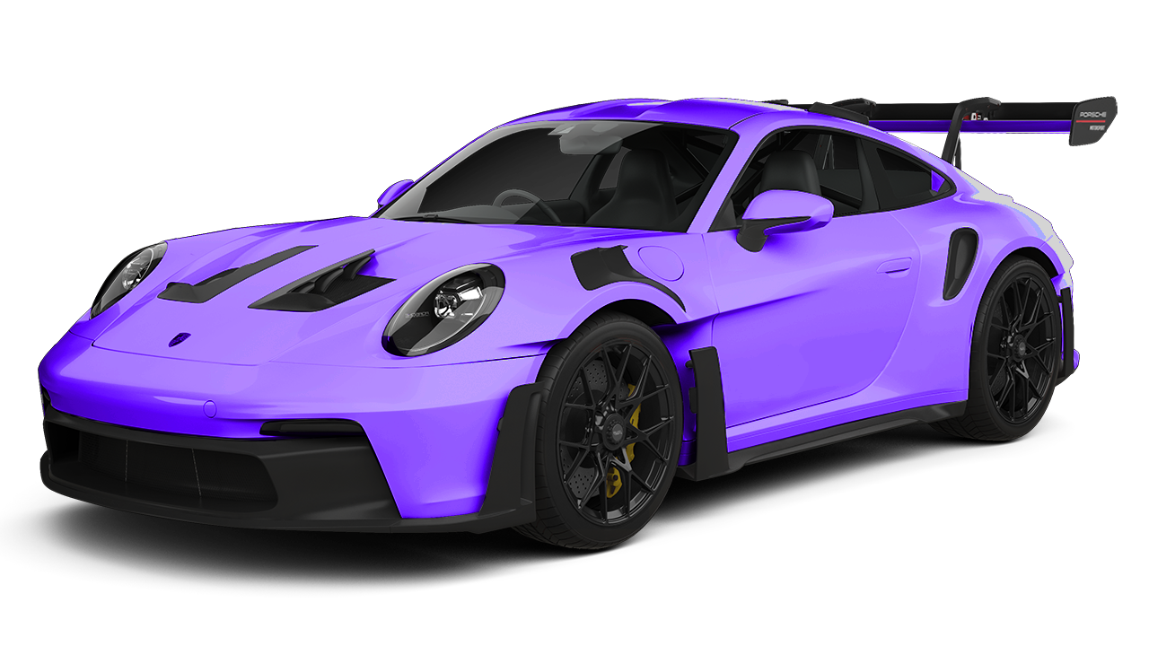 A purple porsche 911 gt3 rs is shown on a white background.