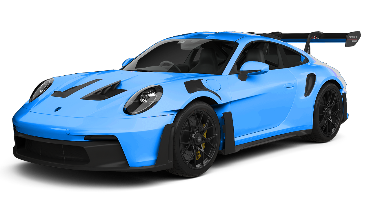 A blue porsche 911 gt3 rs is shown on a white background.