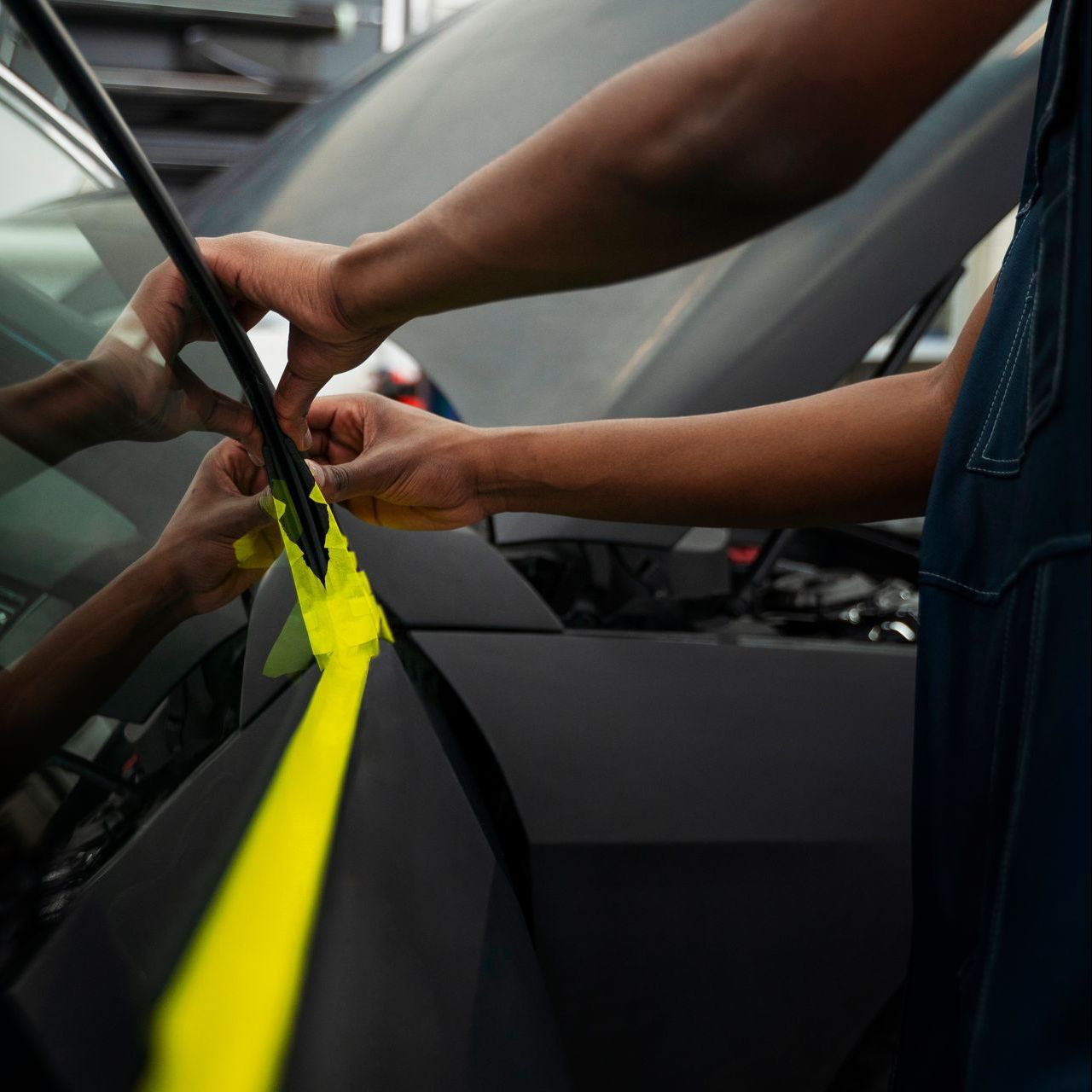 A person is working on a car with the hood open