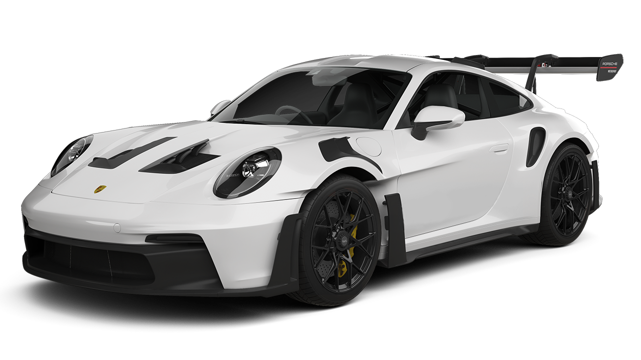 A white porsche 911 gt3 rs with a wing on a white background.