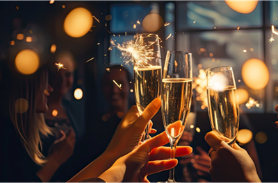 Menschen stoßen bei einer Feier mit Champagnergläsern und Wunderkerzen an, warmes Licht, dunkler Hintergrund.