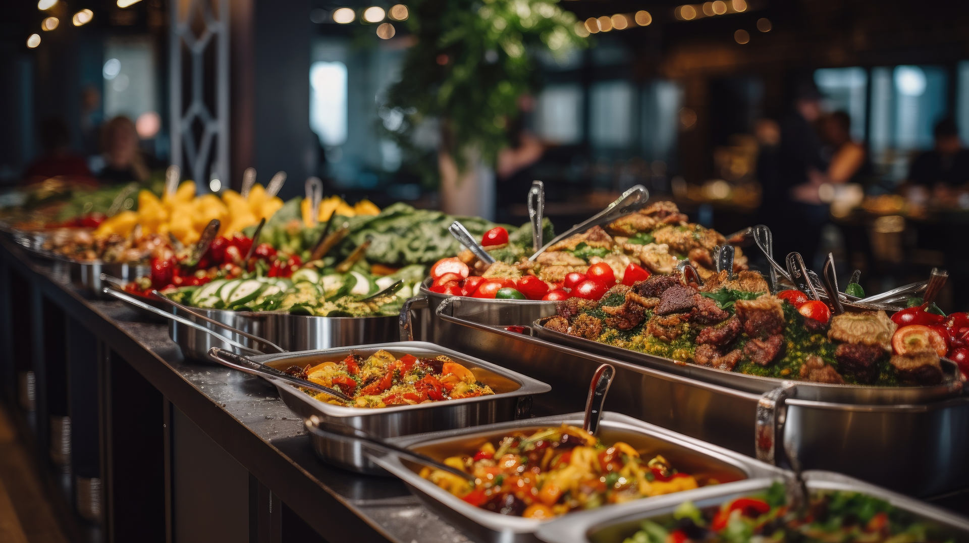 Buffet mit verschiedenen Speisen auf Serviertabletts aus Edelstahl.