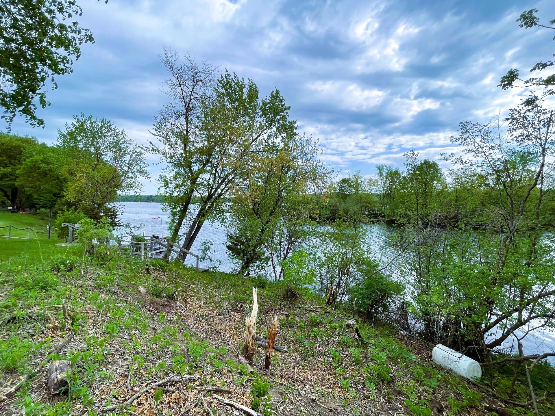 Lush green bank slopes down to a wide, calm river under a cloudy sky with trees scattered along the shore.