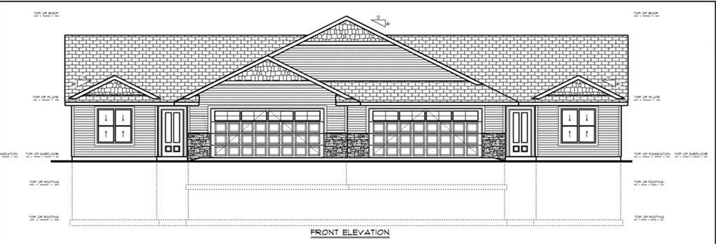 Architectural drawing of a multi-unit building elevation. Featuring windows, doors, and a detailed roof.