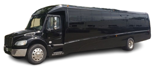 A black shuttle bus is parked on a white background