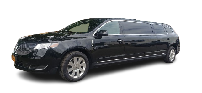 A black limousine is parked on a white background.