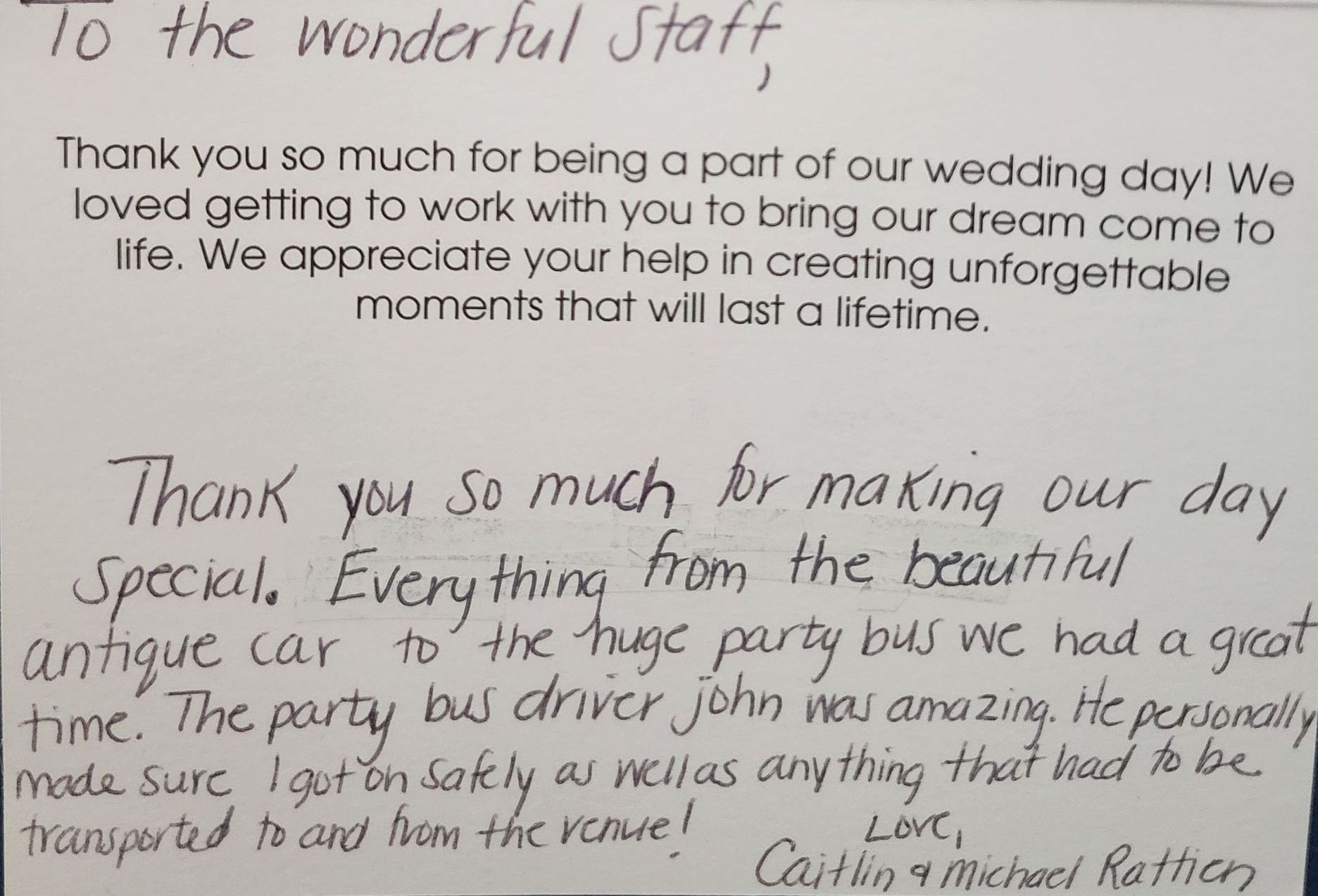 A thank you note is written to the wonderful staff
