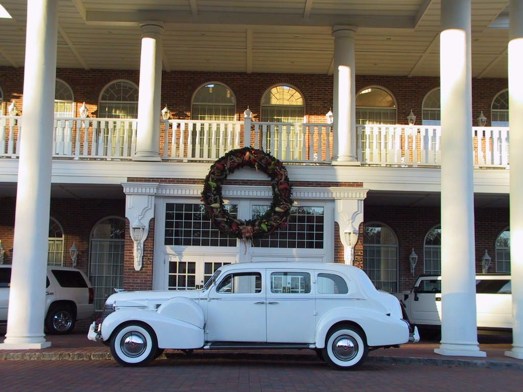 A bride and groom are posing for a picture in front of a white car.