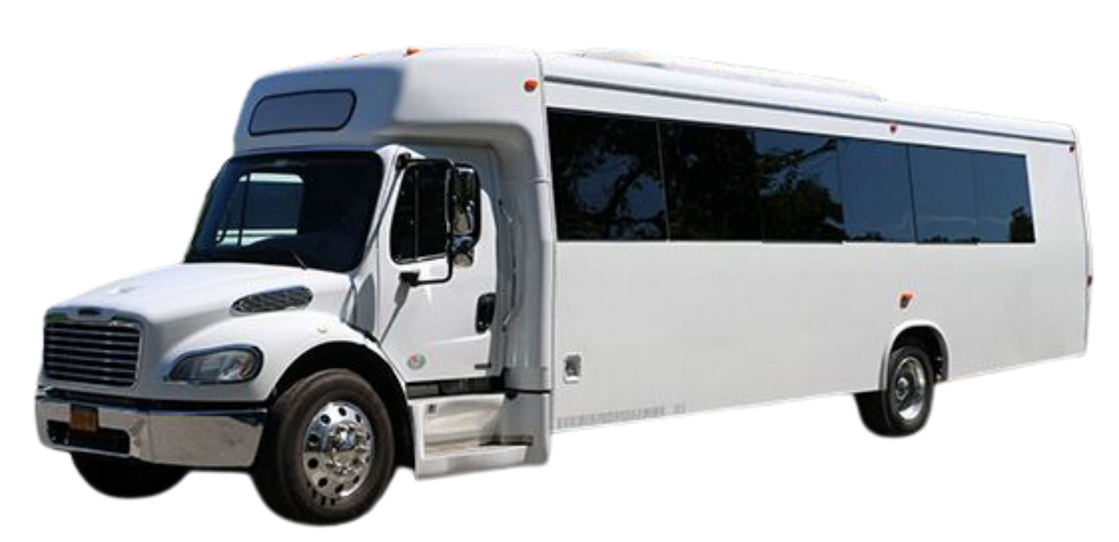A white bus is parked on a white background.