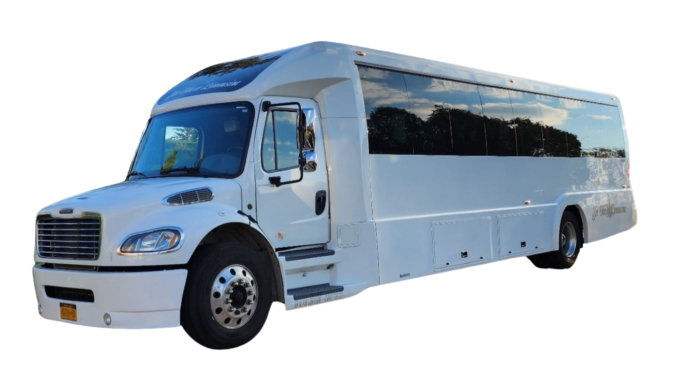 A white bus is parked on a white background.