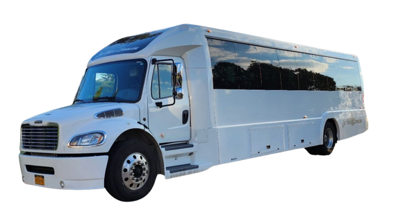 A white bus is parked on a white background.