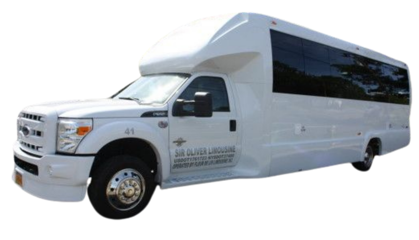 A white shuttle bus is parked on a white background.