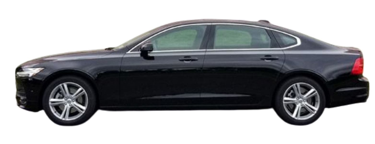 A black volvo s90 is shown from the side on a white background.