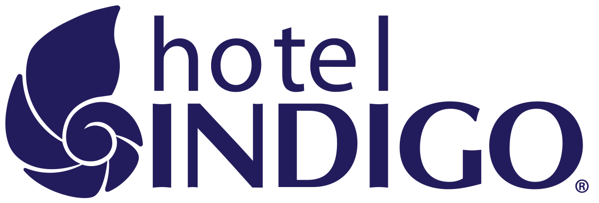 The hotel indigo logo is blue and white with a leaf in the middle.