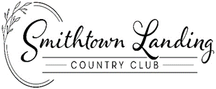 A black and white logo for smithtown landing country club.