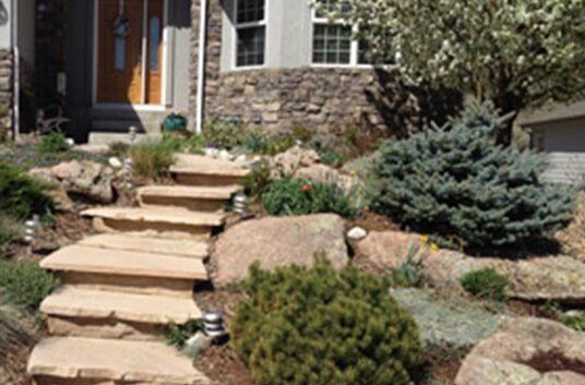 Stone steps leading up a landscaped front yard with boulders, shrubs, and a blue evergreen tree.