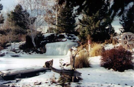 Snowy landscape with a frozen waterfall, trees, bushes, and wooden accents.