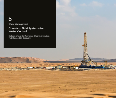 A poster for chemical fluid systems for water control shows a drilling rig in the desert.