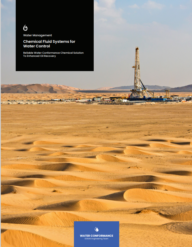 A poster for chemical fluid systems for water control shows a drilling rig in the desert.