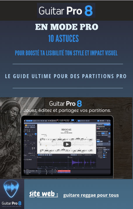 Promotion Guitar Pro 8 : guide tutoriel pour partitions professionnelles, design bleu et blanc, texte sur image du logiciel et d’un musicien de reggae.