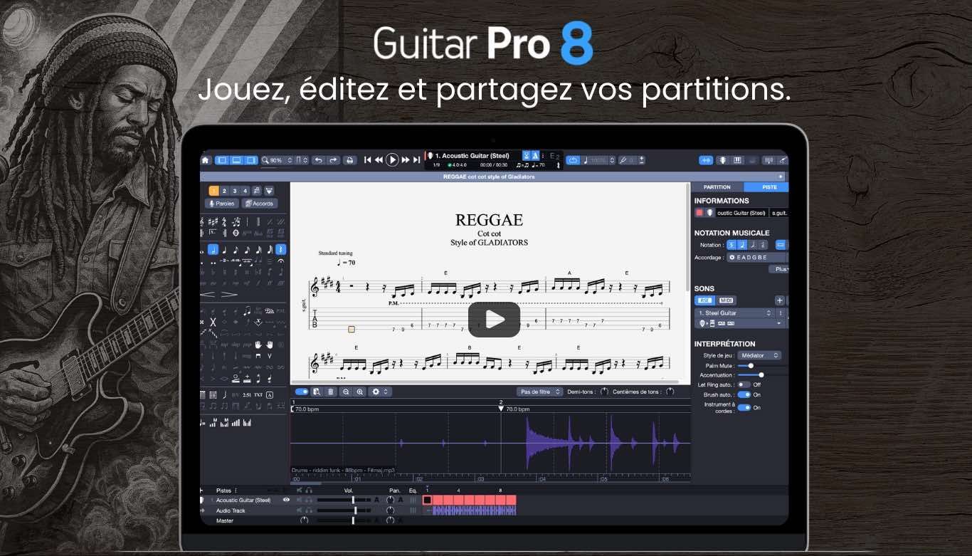 Le logiciel Guitar Pro 8 s'affiche sur un ordinateur portable, avec un musicien et une partition musicale.