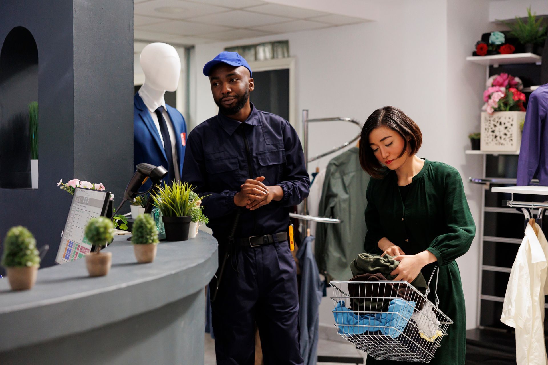 A man and a woman are standing next to each other in a clothing store.