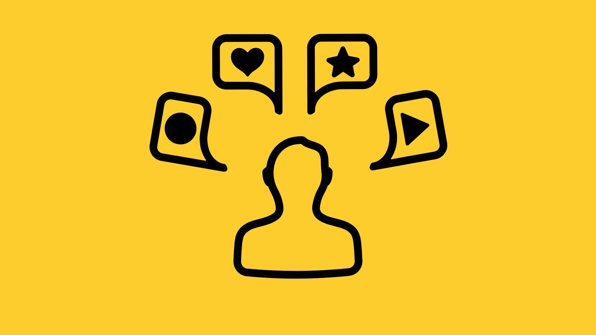 A drawing of a person surrounded by speech bubbles on a yellow background.