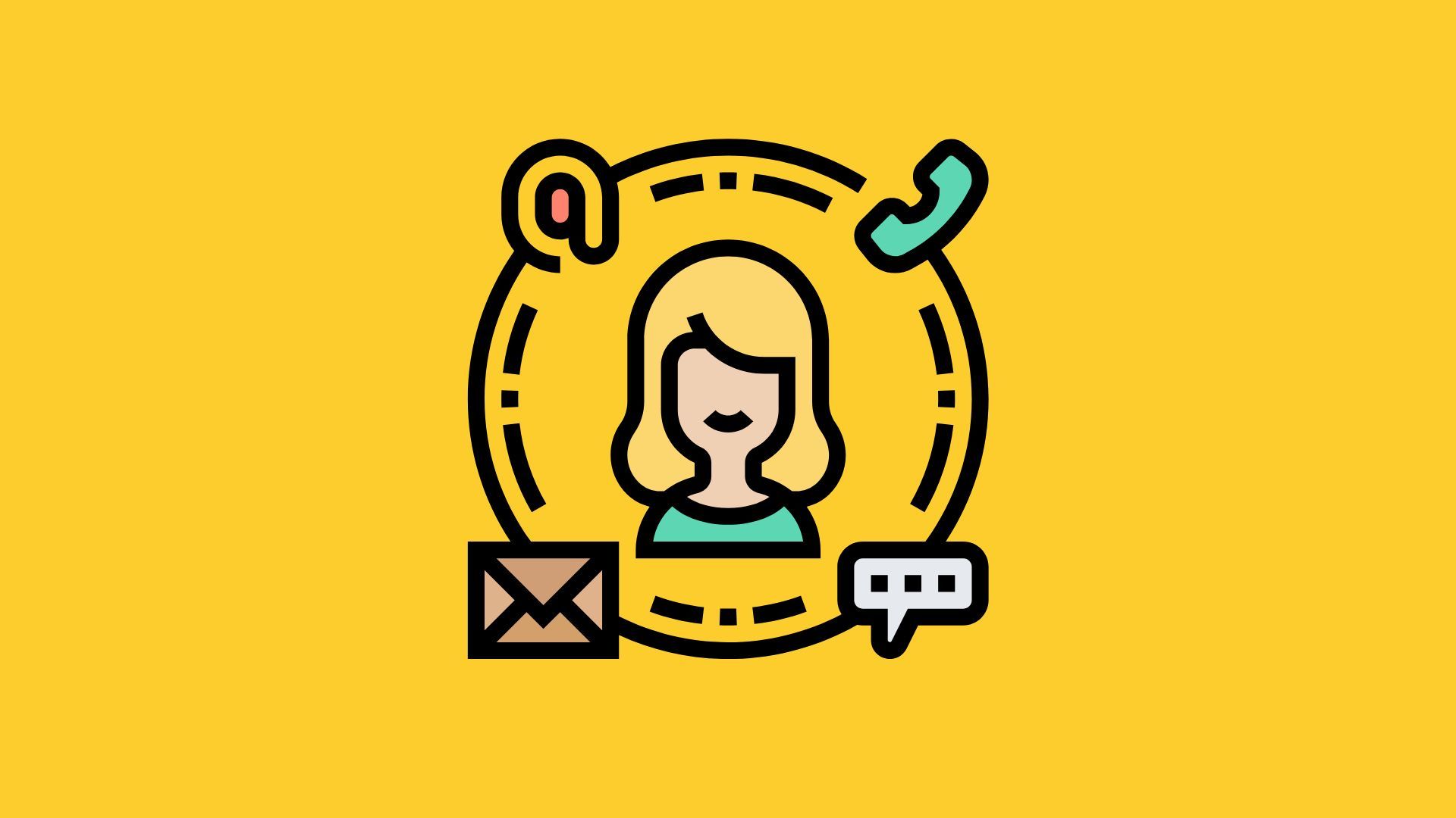 Eine Frau ist umgeben von einem Telefon, einem Briefumschlag und einer Sprechblase.