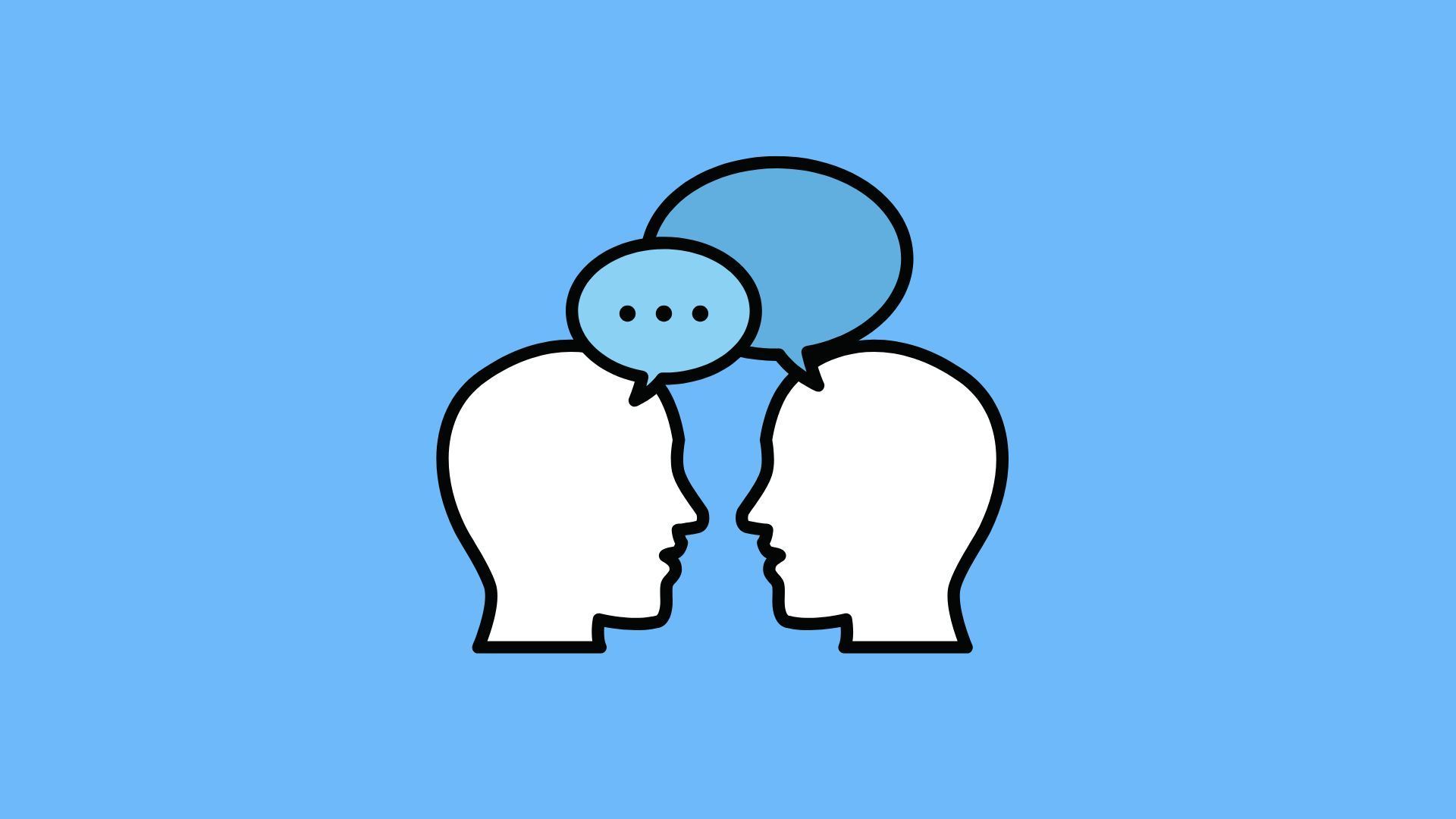 Zwei Köpfe mit Sprechblasen zwischen Ihnen auf einem blauen Hintergrund.