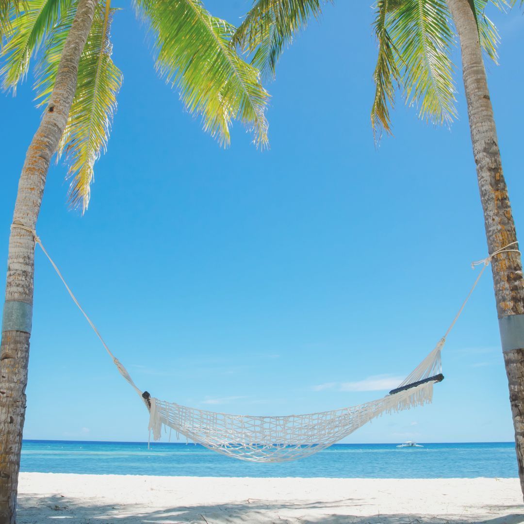 Ein Bild von einem Strand mit einer Hängematte, die zwischen Palmen hängt.