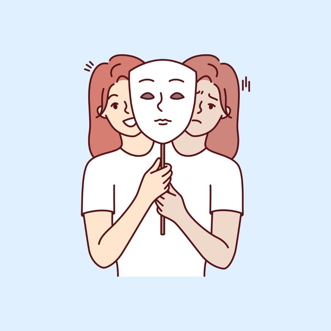 A drawing of a head with a smiley face and a sad face on it