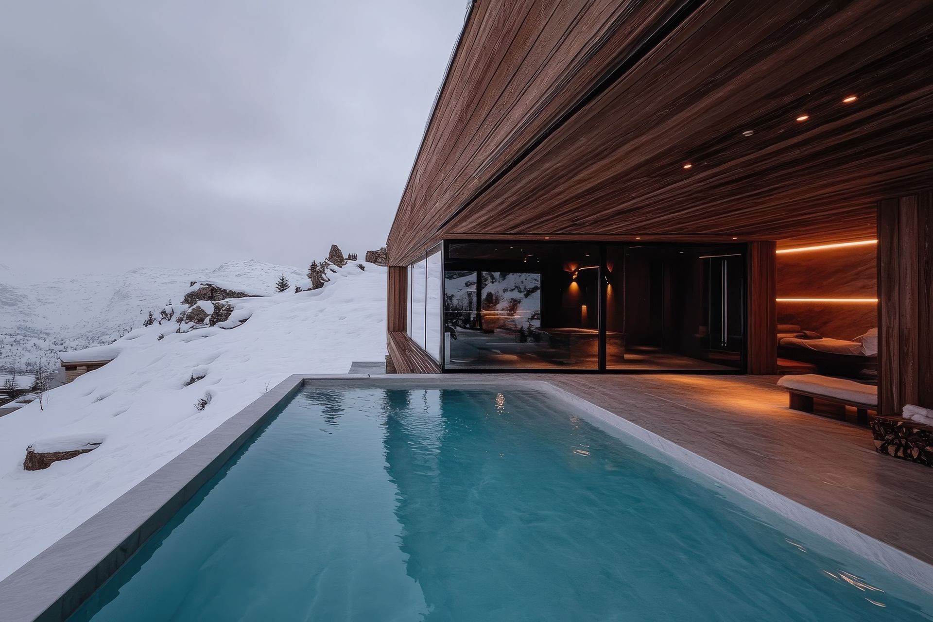 There is a large swimming pool in the middle of a house.