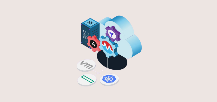 An isometric illustration of a cloud surrounded by gears and icons.
