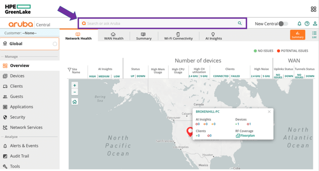 A computer screen shows a map of the world and a search bar.