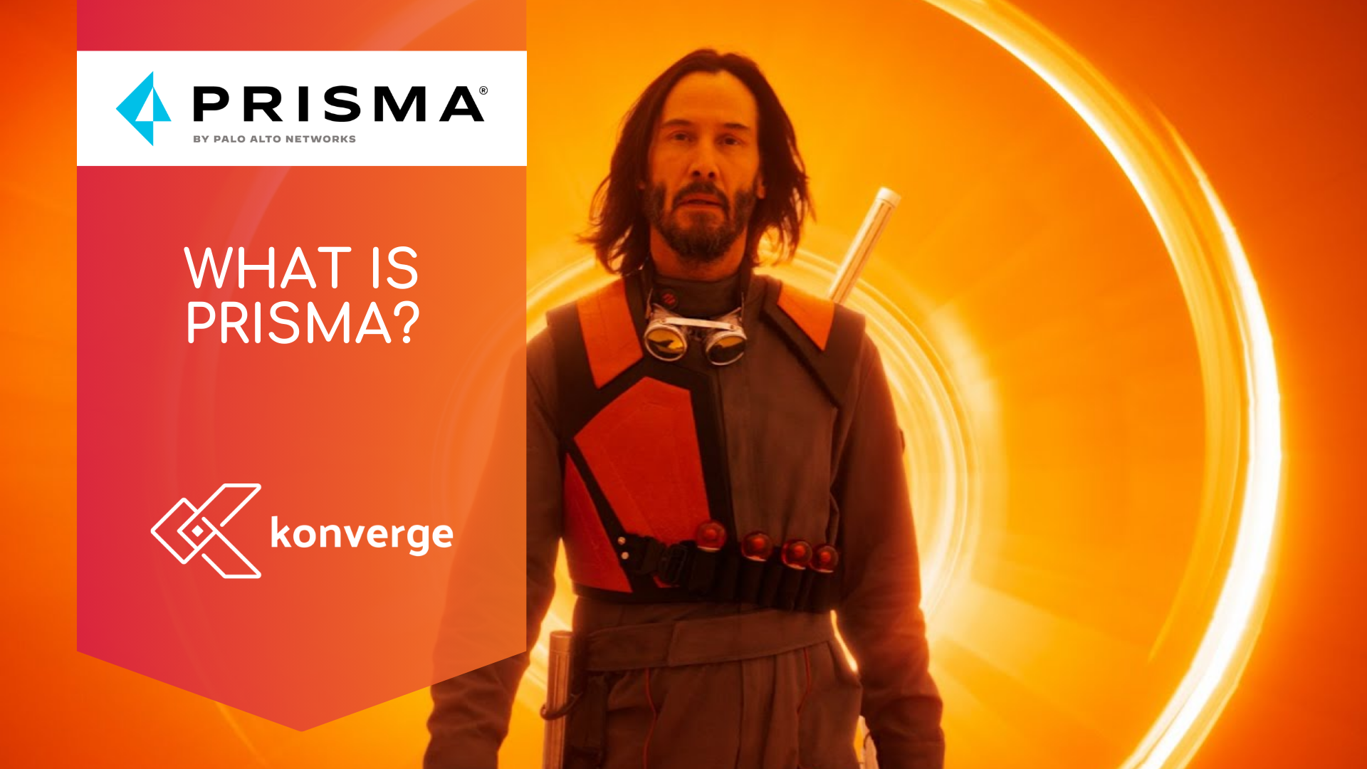 Keanu Reeves is standing in front of a sign that says what is prisma by Palo Alto Networks