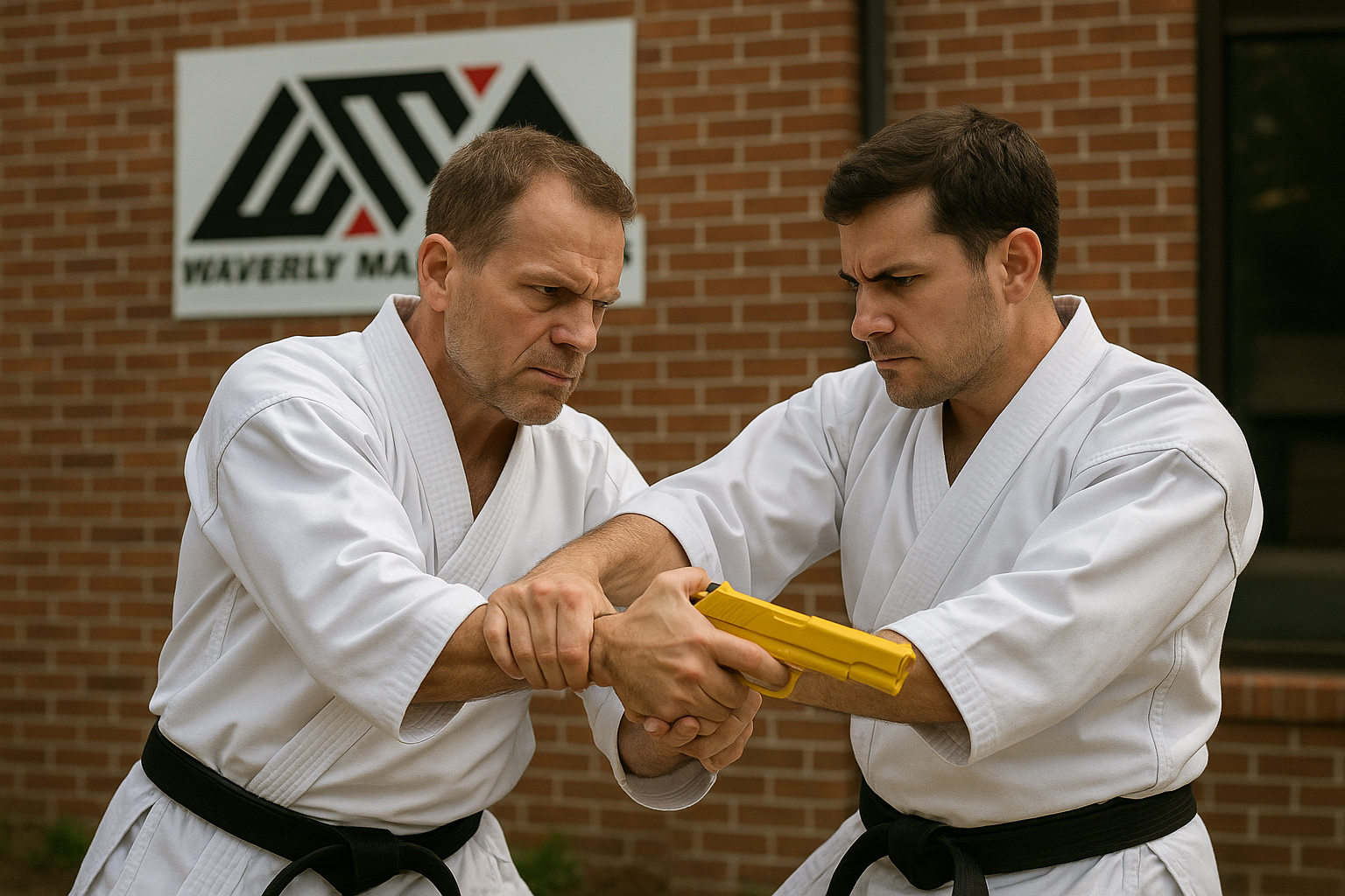 A man is holding another man 's hand while holding a yellow object.