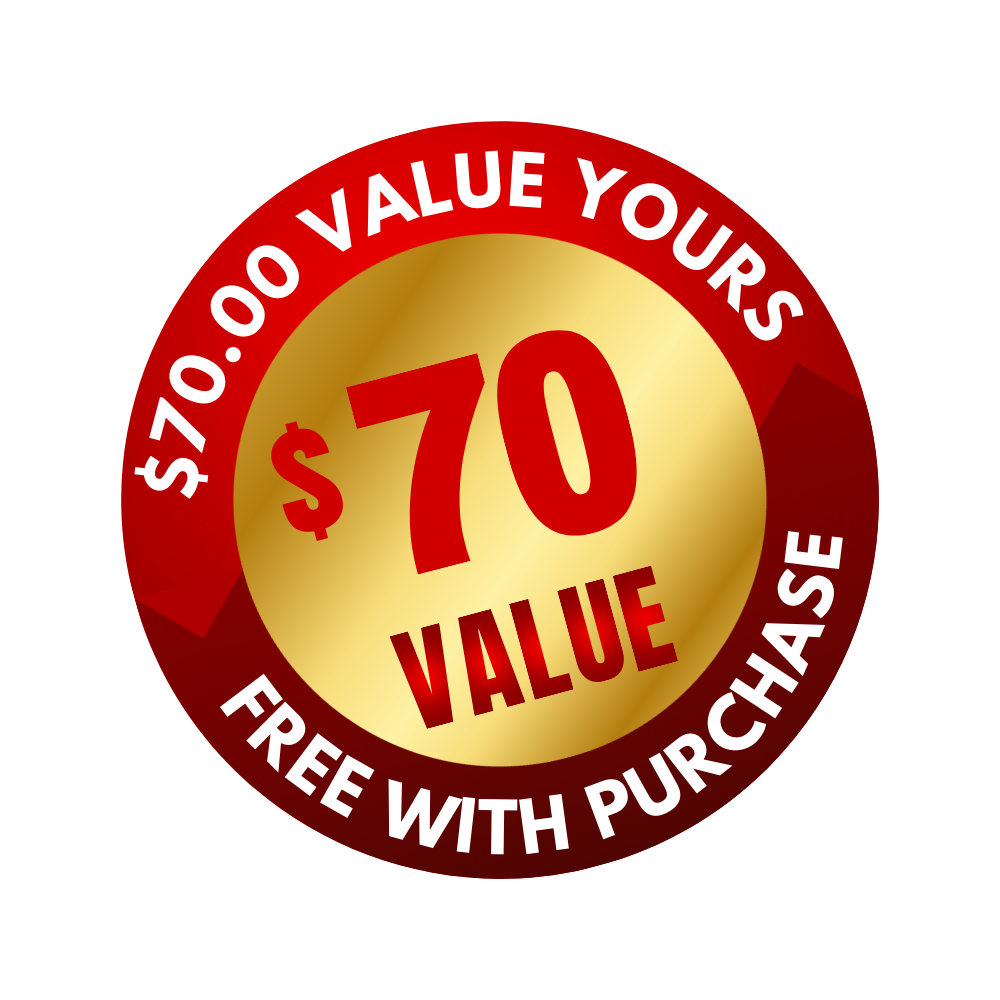 A red and gold sticker that says $ 70 value free with purchase