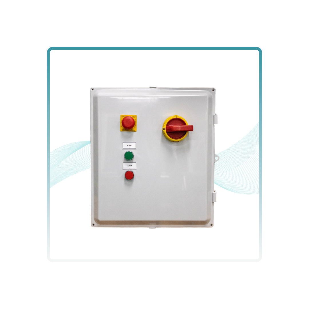 A white box with a red and yellow switch on top of it.