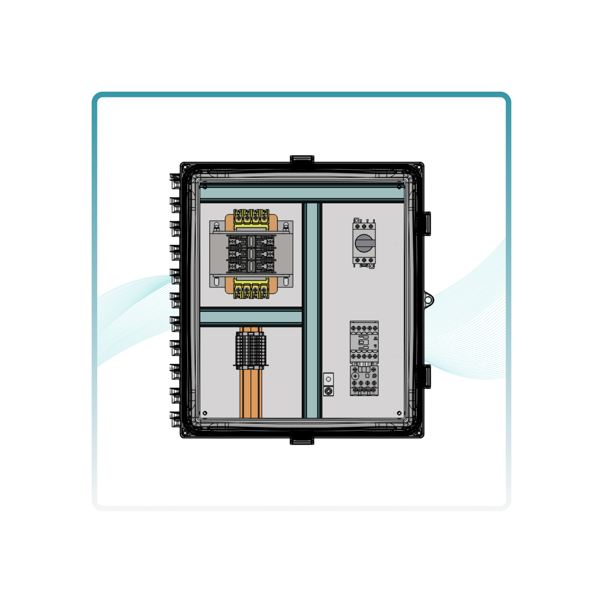 A drawing of a electrical box with a lot of wires coming out of it.