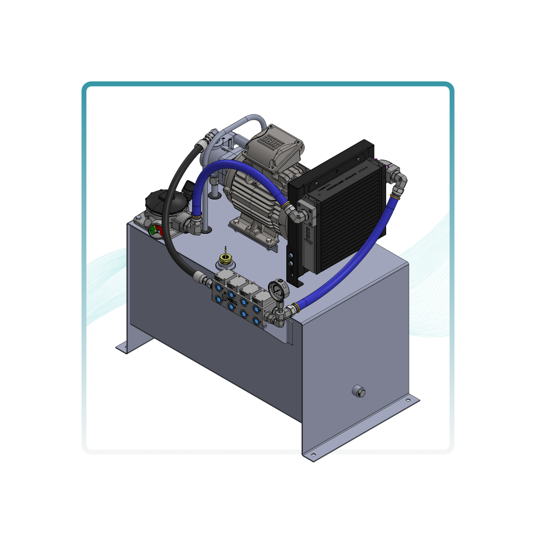 A hydraulic pump with a motor and hose attached to it.