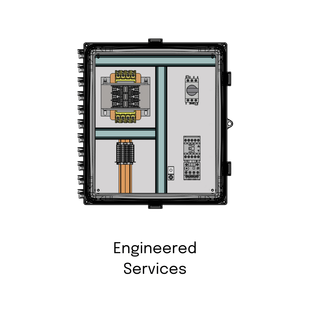 A drawing of an electrical box with the words engineered services below it.