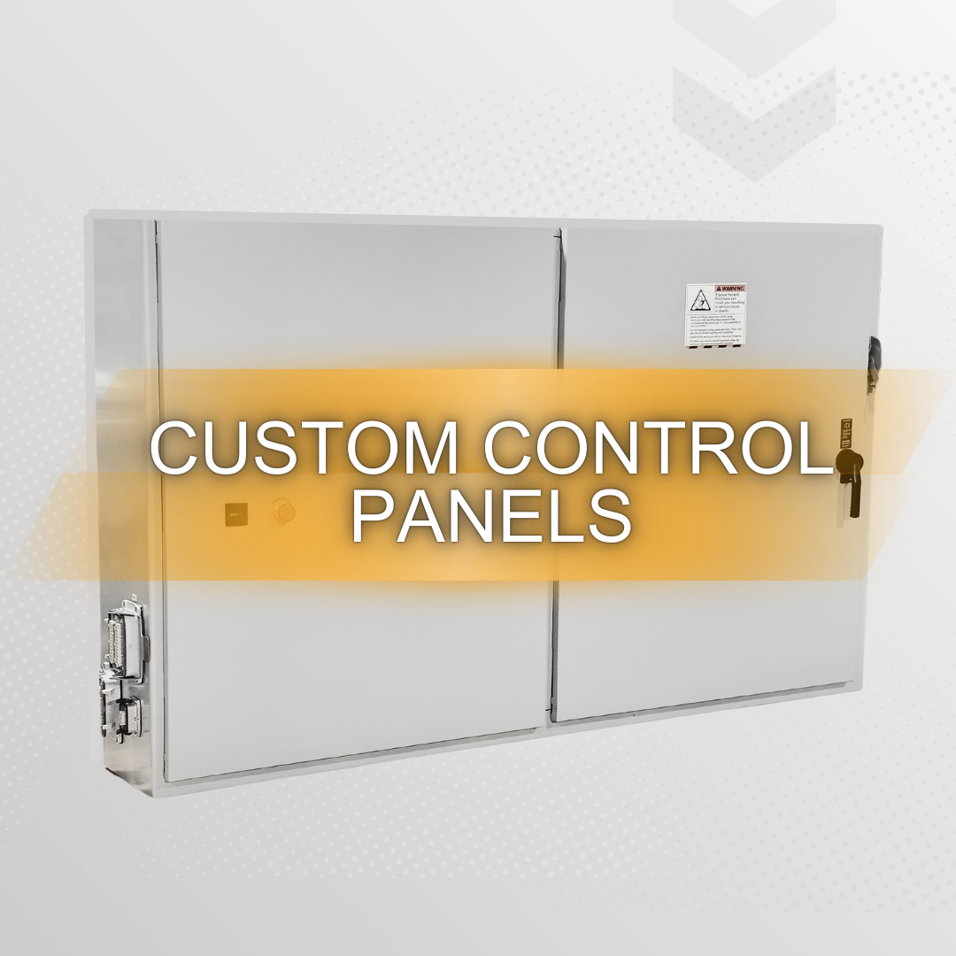 A picture of a cabinet that says custom control panels