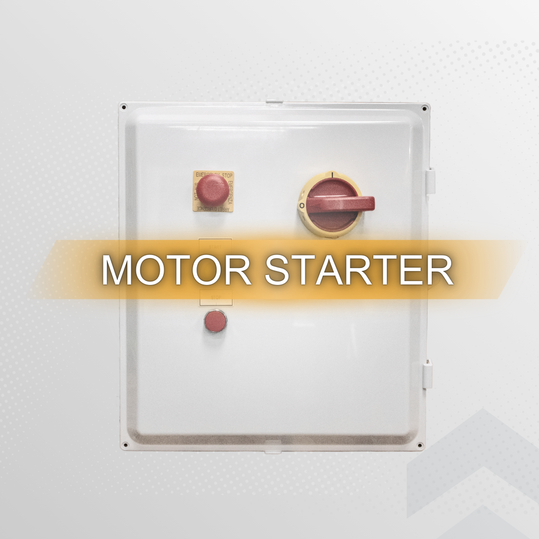 A white box with the words motor starter on it