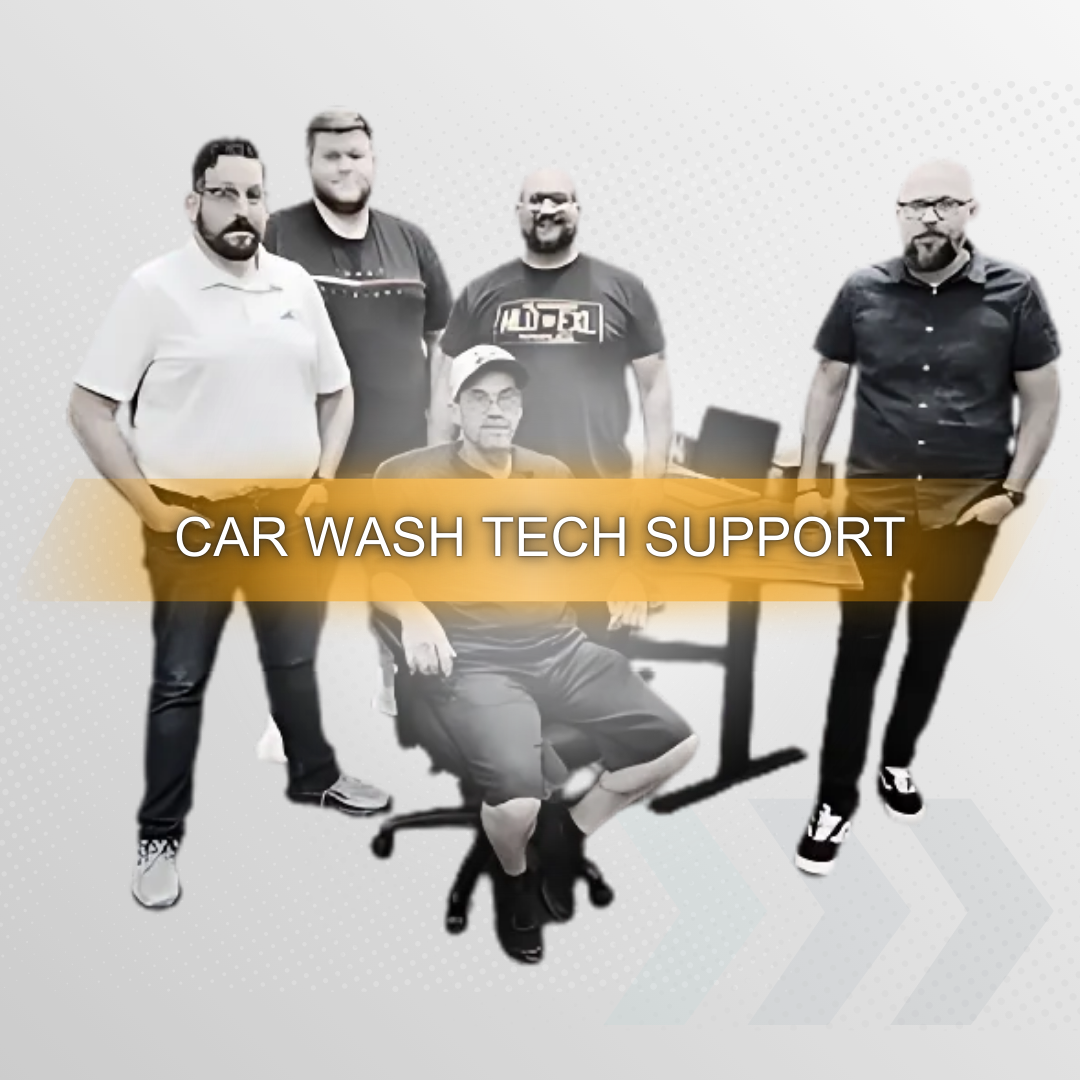 A group of men standing in front of a sign that says car wash tech support