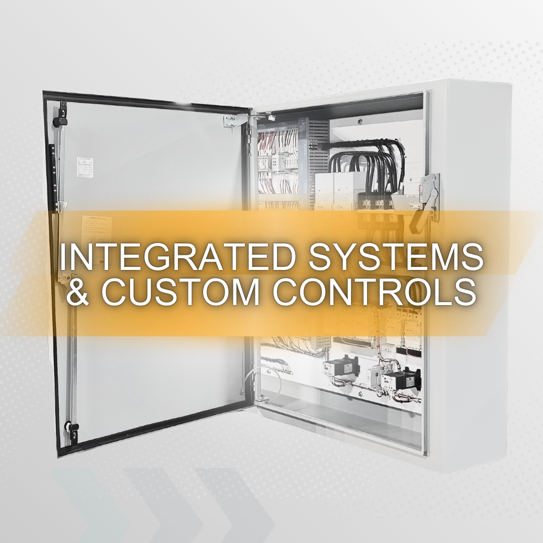 A picture of an electrical box with the words `` integrated systems & custom controls '' written on it.