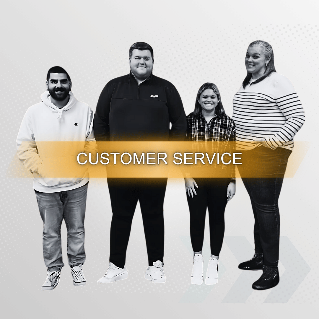 A group of people standing next to each other with a banner that says customer service.