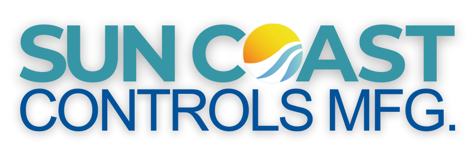 The sun coast controls mfg logo is blue and yellow.