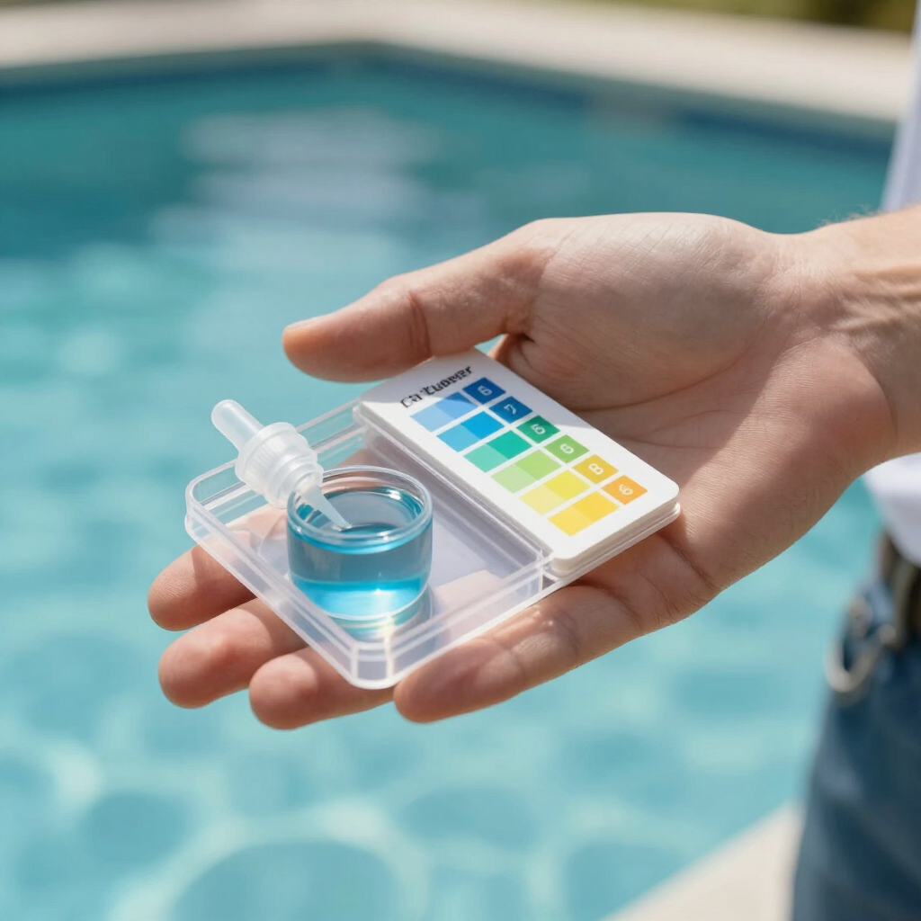 Hand holding a pool water test kit with color chart beside a swimming pool