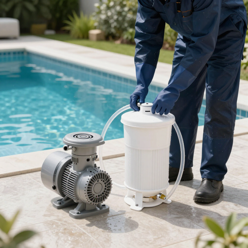 Technician working on a pool pump filter beside a swimming pool
